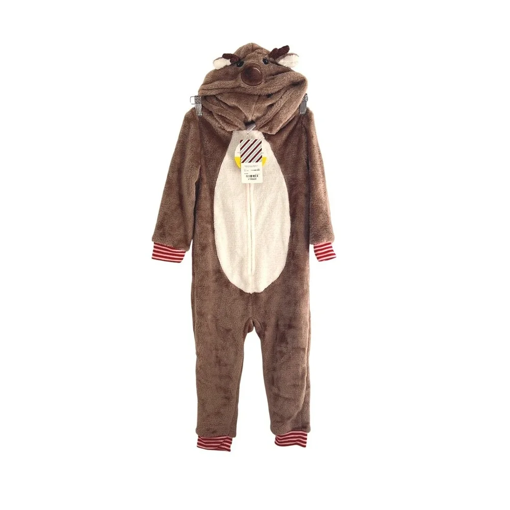 North Pole Trading Co Kids Reindeer Hooded One Piece Pajamas Brown 4T New NWT